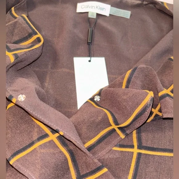 Calvin Klein Woman's Brown Printed Faux Wrap Top Blouse - Picture 7 of 7